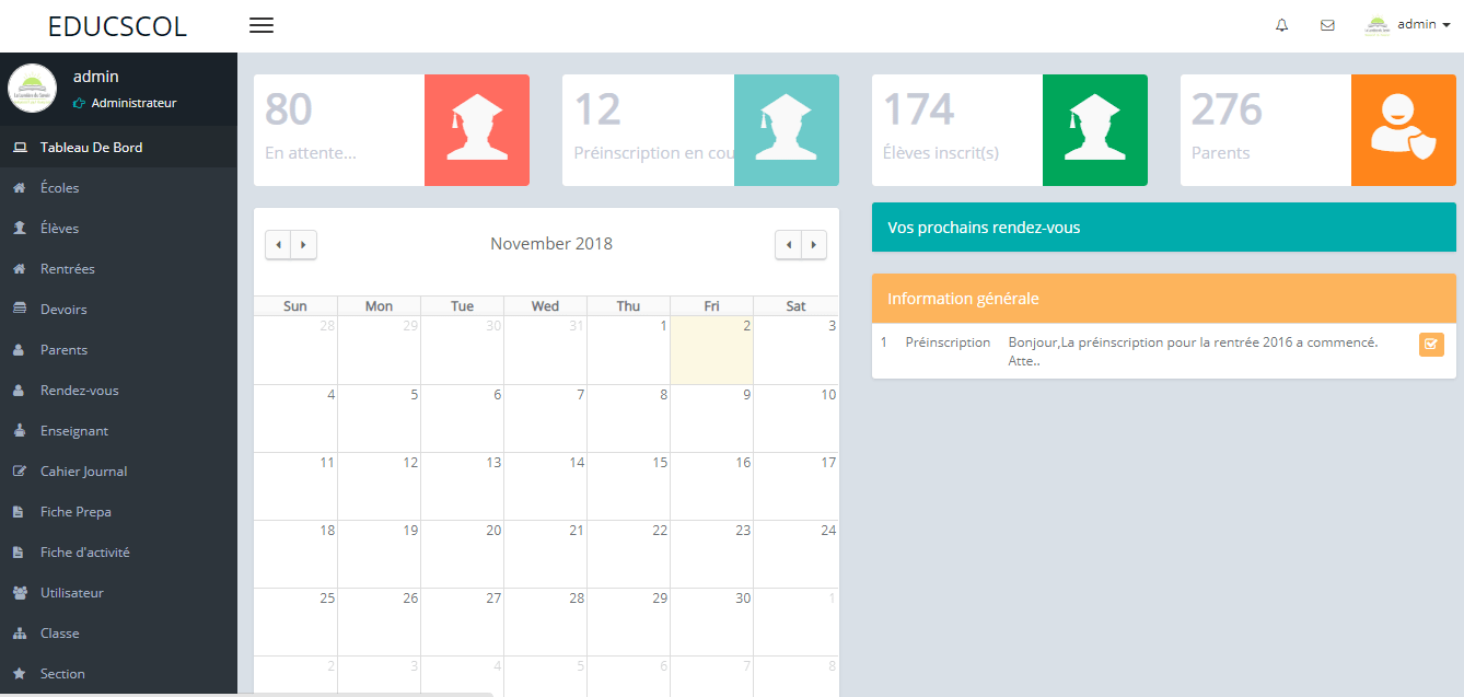 Tableau de bord administration