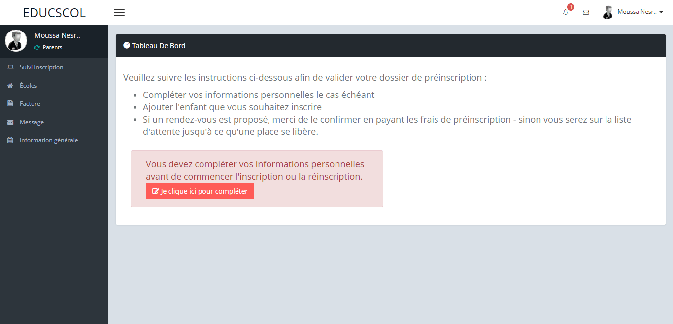 Tableau de bord parent